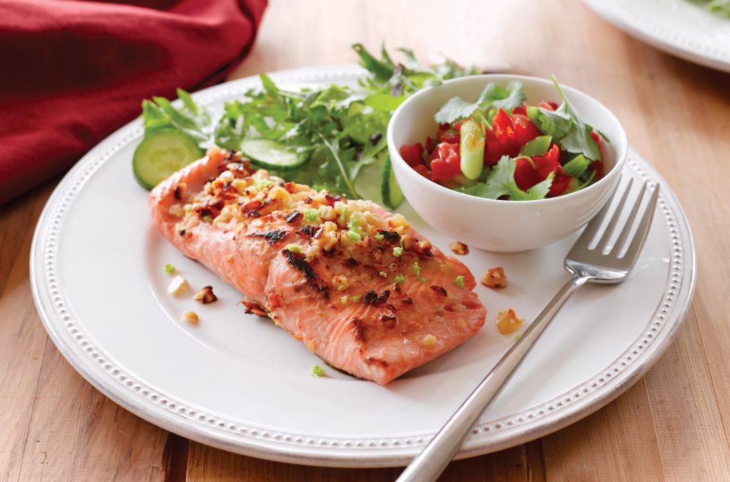 Cashew-crusted salmon with sweet chilli salsa