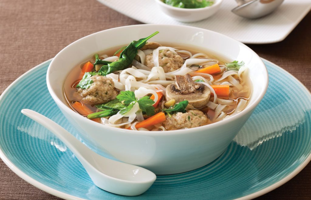 Asian-style meatball and noodle soup
