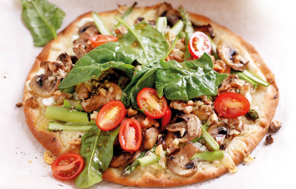 Asparagus, mushroom and goats’ cheese pizzas