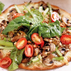 Asparagus, mushroom and goats’ cheese pizzas