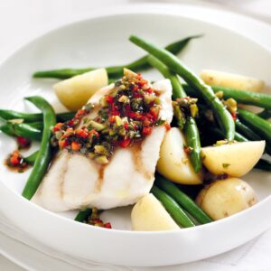 Baked fish with warm Niçoise dressing