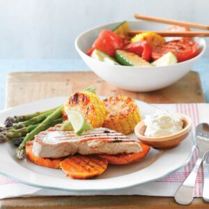 Barbecued veges and tuna with wasabi sauce