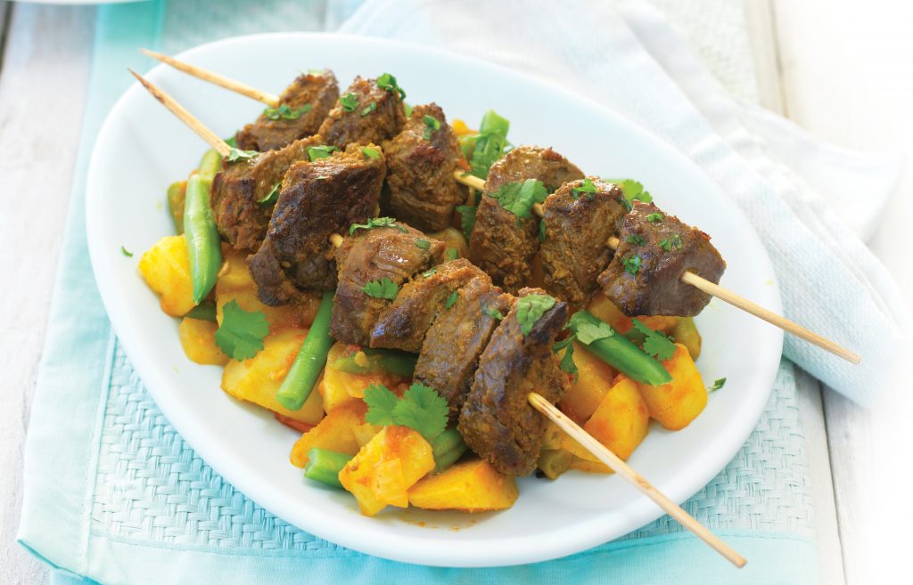 Beef skewers with potato curry