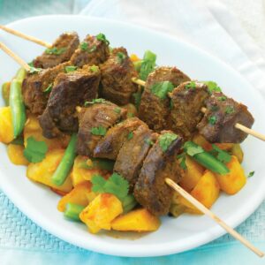 Beef skewers with potato curry