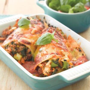 Beef, spinach and feta cannelloni with pine nuts