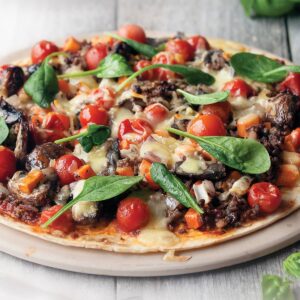 Beef, tomato and basil pizza