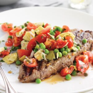 Beef with artichoke and pea salsa