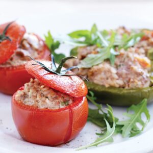 Brown rice, lamb and spice-stuffed vegetables