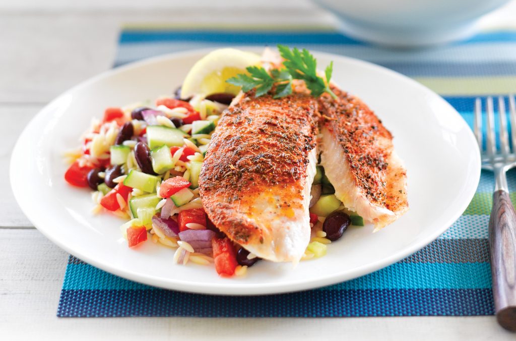 Cajun baked snapper with risoni bean salad