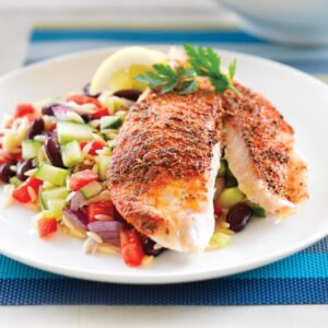 Cajun baked snapper with risoni bean salad