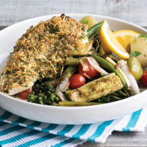 Cheesy crumbed fish steak with chargrilled veges and potatoes