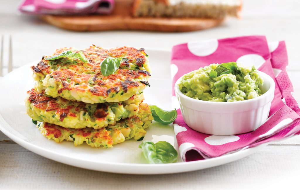 Chicken and courgette fritters with avo dip