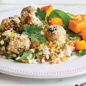 Chicken meatballs with miso rice