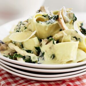 Chicken, silver beet and mixed mushroom pappardelle