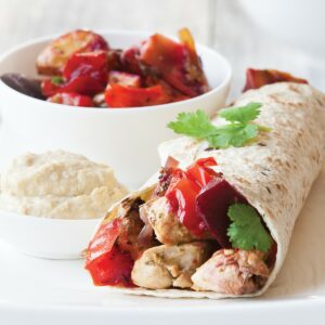 Chicken sizzler with hummus and vege wraps