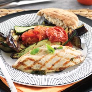 Chicken steaks with eggplant, tomato and courgette