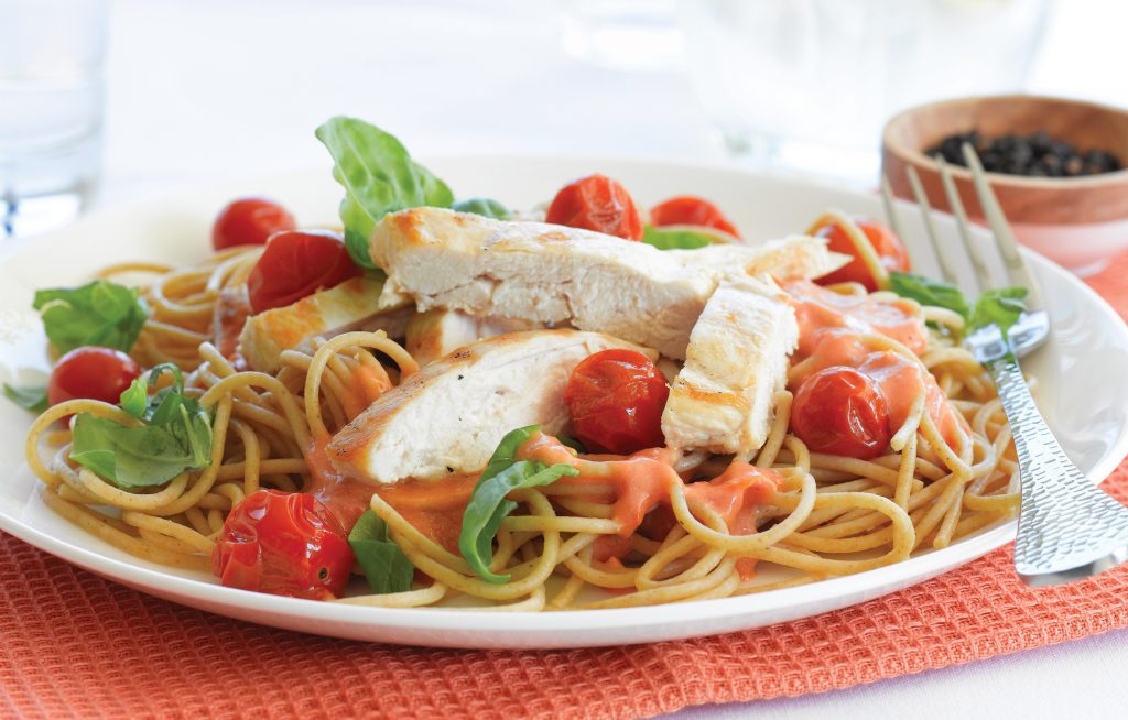 Chicken with roasted cherry tomatoes and basil
