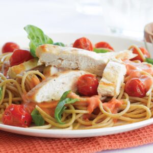 Chicken with roasted cherry tomatoes and basil