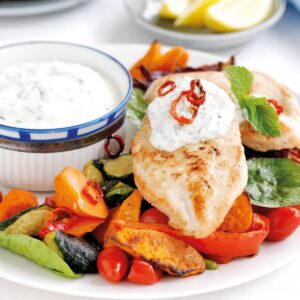 Chilli chicken with mint yoghurt and roasted vegetables