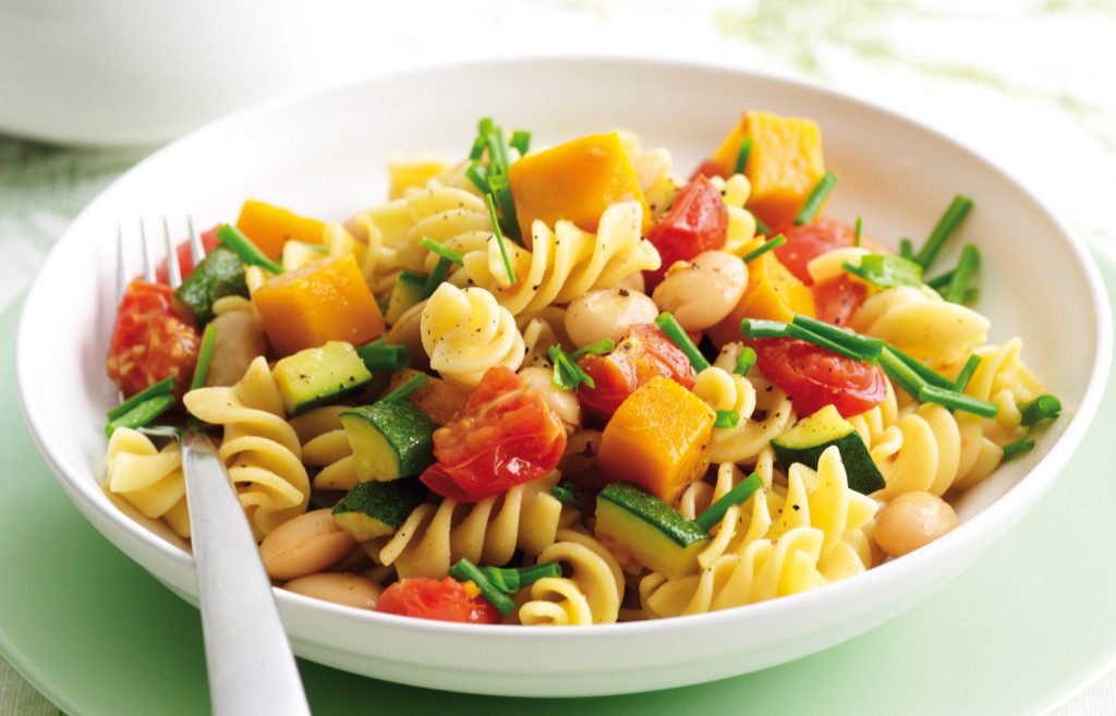Chunky spring vege pasta with chives