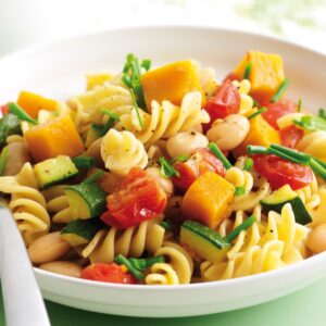 Chunky spring vege pasta with chives