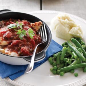 Fish with tomato, capers and mash