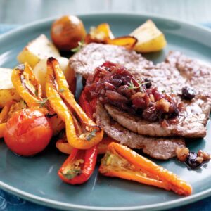 Grilled minute steaks with red onion compote