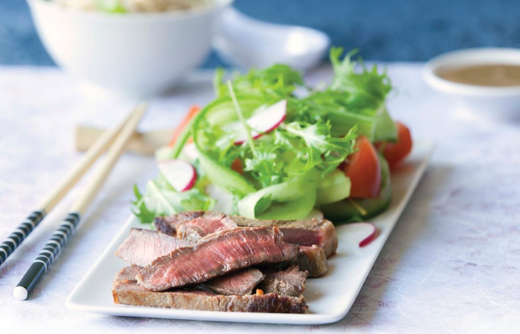 Grilled miso-marinated beef with Japanese salad