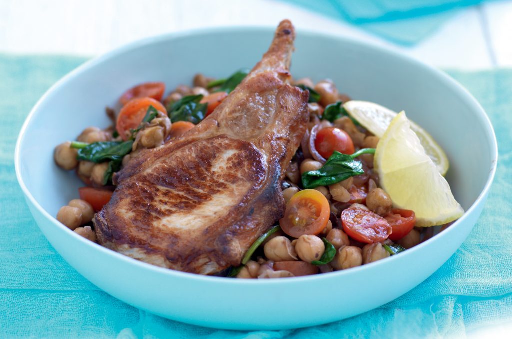 Grilled pork cutlets with warm chickpea salad