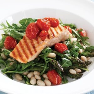 Grilled salmon with roasted tomato, asparagus and rocket