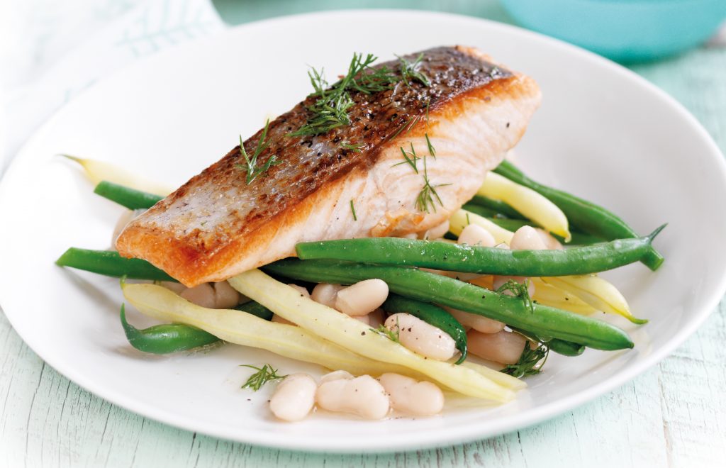 Grilled salmon with three-bean salad