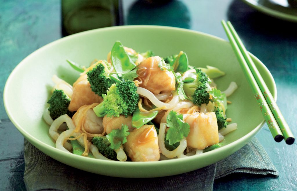 Honey-soy fish and noodle stir-fry