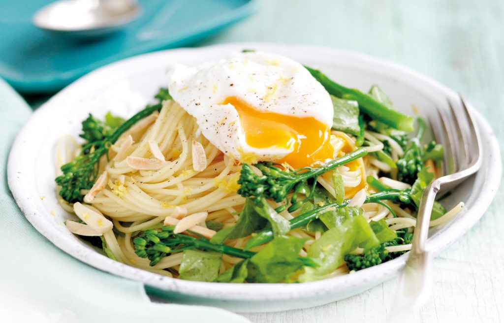 Lemony pasta with poached eggs