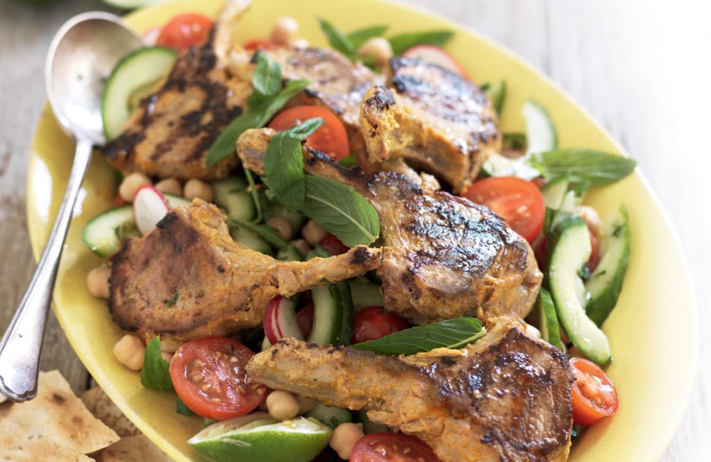 Marinated lamb cutlets with minty salad