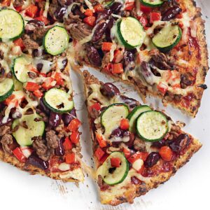 Mexican beef and bean pizza with avocado salsa