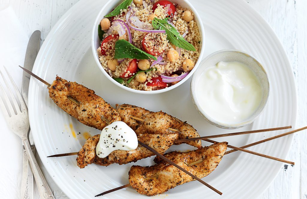 Middle Eastern chicken skewers with couscous