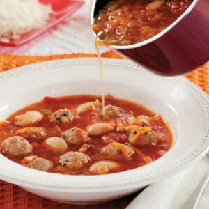 Minestrone soup with pork meatballs