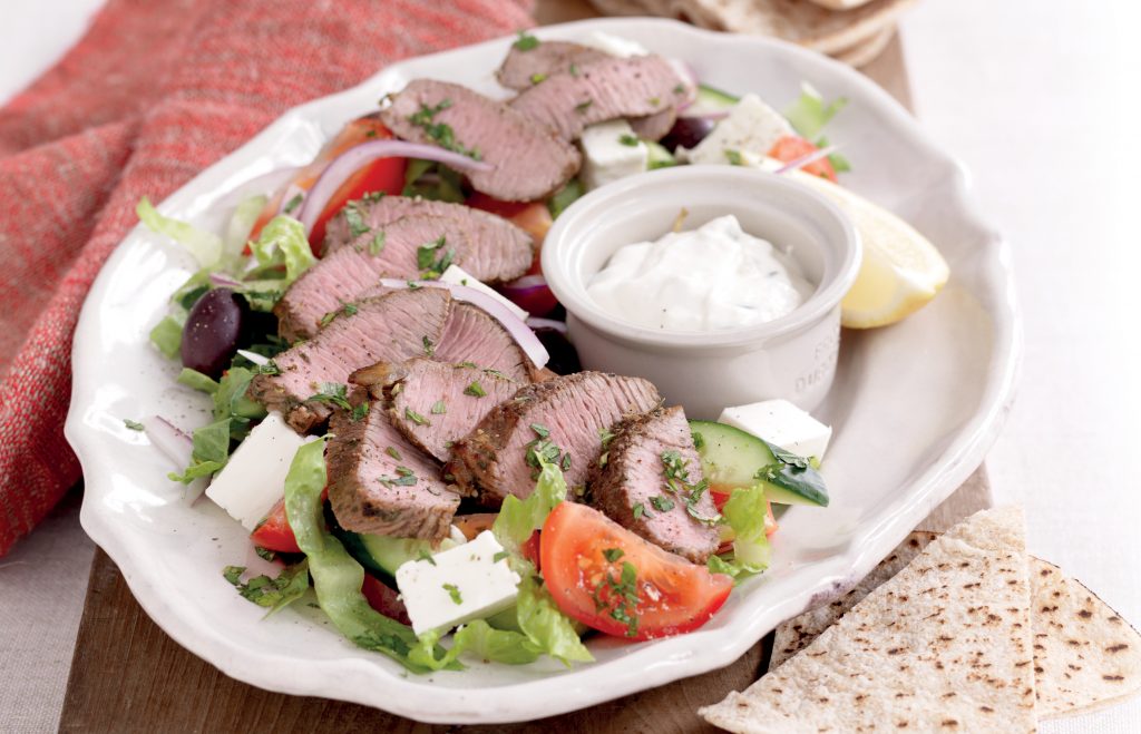 Minted lamb with Greek salad and tzatziki