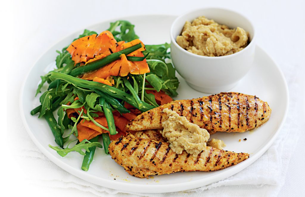Moroccan chicken with chickpea dip and grilled carrot salad