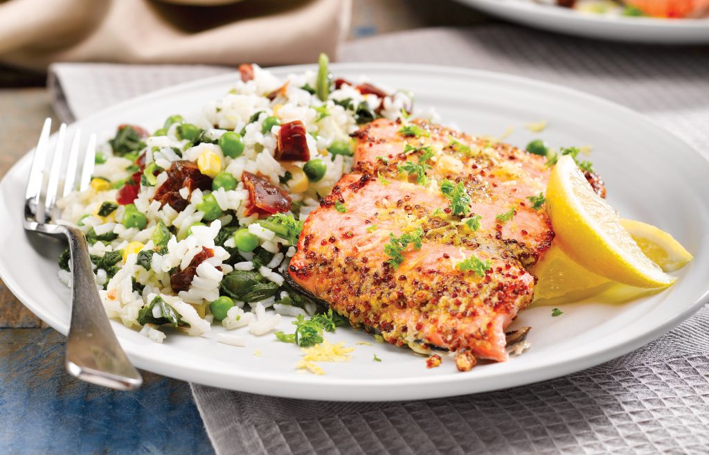 Mustard salmon with vegetable pilaf