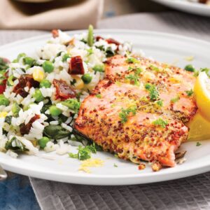 Mustard salmon with vegetable pilaf