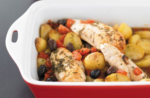 One-dish chicken and olive bake
