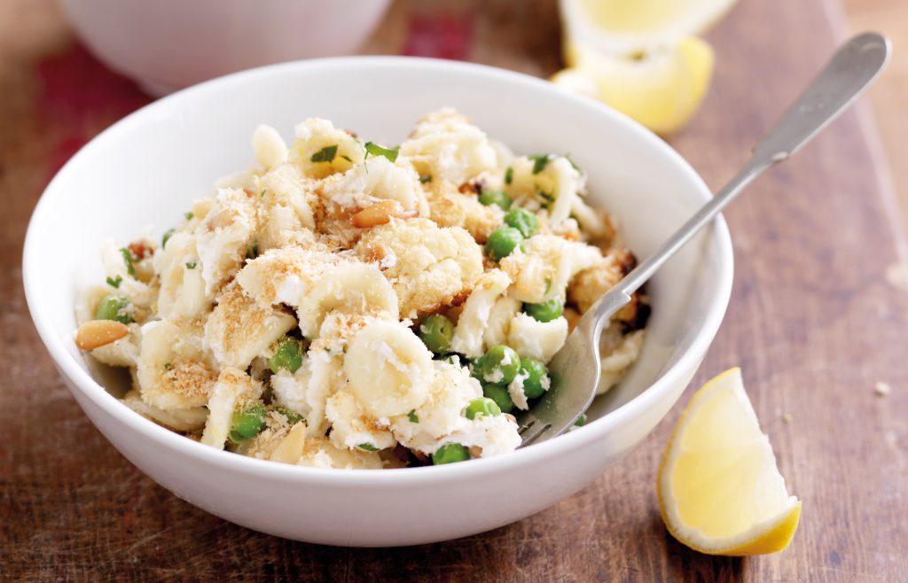 Orecchiette with roasted cauliflower, pine nuts and peas