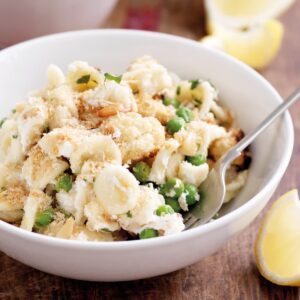 Orecchiette with roasted cauliflower, pine nuts and peas
