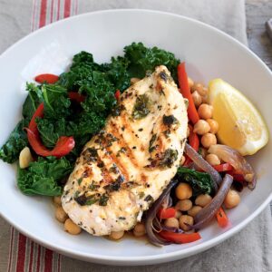 Oregano and lemon chicken with kale and chickpeas
