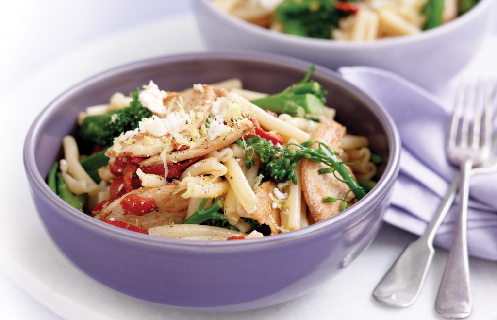 Pasta with chicken, broccolini, roasted capsicum, lemon and feta