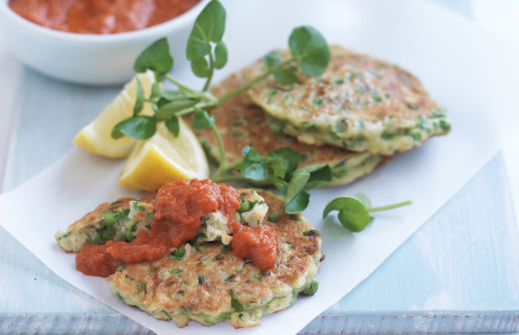 Pea, mint and haloumi fritters with tomato and capsicum sauce
