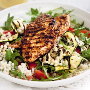 Pepper chicken with pearl couscous salad