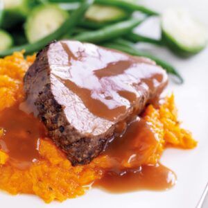 Peppered beef fillet with pumpkin and thyme mash