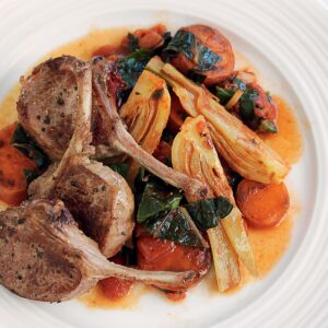 Peppered lamb with braised autumn veges